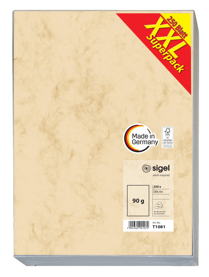 SIGEL T1081 Hochwertiges Marmor-Papier A4 beige (250 Blatt, 90 g) beidseitig marmoriert, Briefpapier