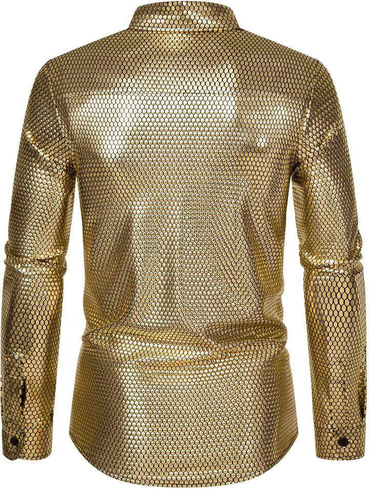 Herren Kleid Hemd Rhombus Bronzing Print Langarm Button Down Shirts 70er Jahre Disco Party Kostüm, G