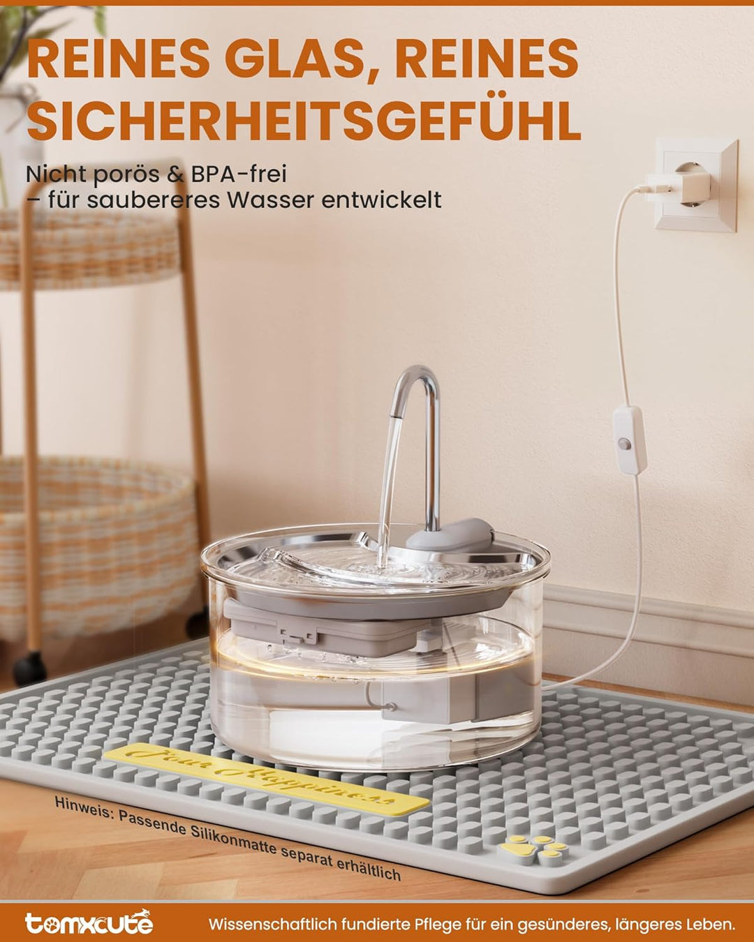 Tomxcute Katzenbrunnen Glas 2,5L – Trinkbrunnen Katze leise, für 1–2 Katzen, Stufen-Design, warmes L