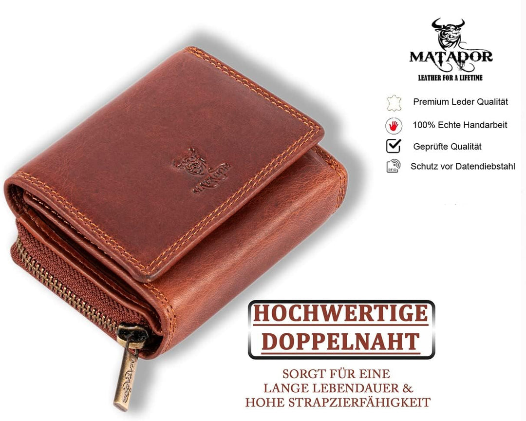 MATADOR® CHIQUITO Echt Leder Klein Geldbörse Damen Mini Geldbeutel Herren TüV geprüfter RFID & NFC S