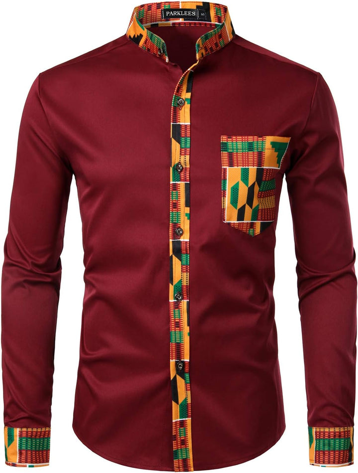 PARKLEES Herren African Tribal Grafik Patchwork Design Slim Fit Langarm Freizeithemd Party Shirt für