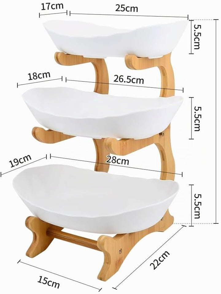 HUOLE Obstkorb, 3 Etagen, Obstkorb aus Keramik, mit Ständer aus robustem Holz, für Küchenarbeitsplat