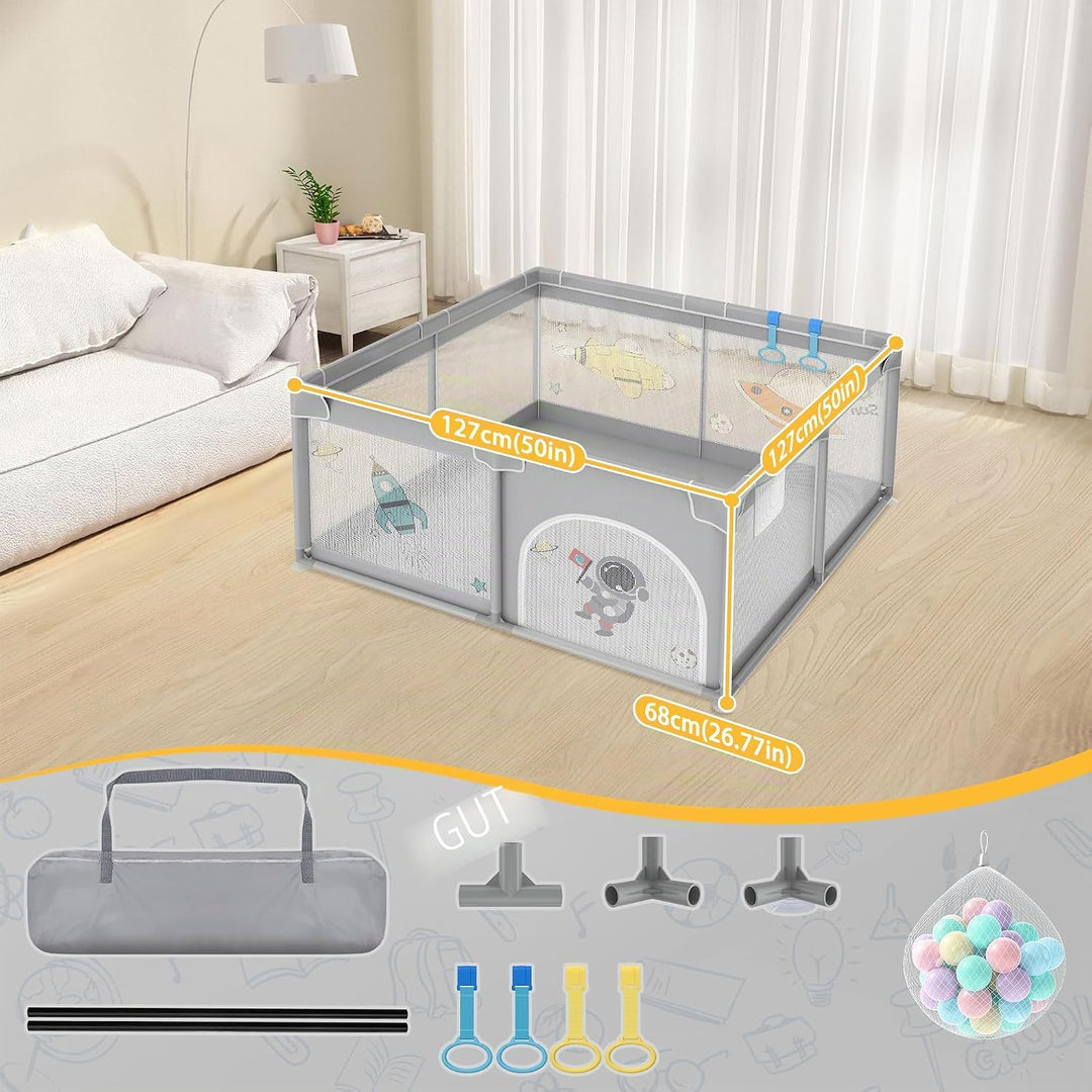 Laufstall 127x127cm Mit 50 Spielbällen, Krabbelgitter Und 4 Zugringen - Tragbarer Baby Playpen, Grau