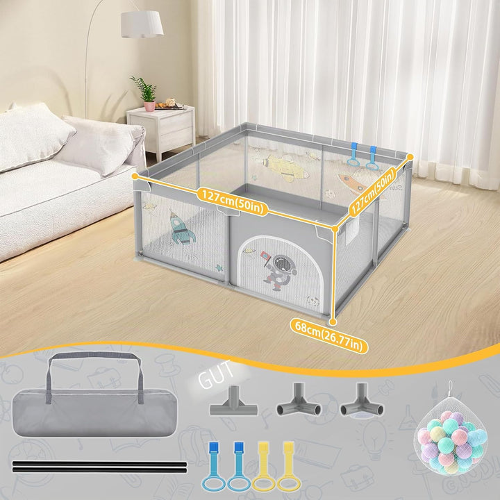 Laufstall 127x127cm Mit 50 Spielbällen, Krabbelgitter Und 4 Zugringen - Tragbarer Baby Playpen, Grau