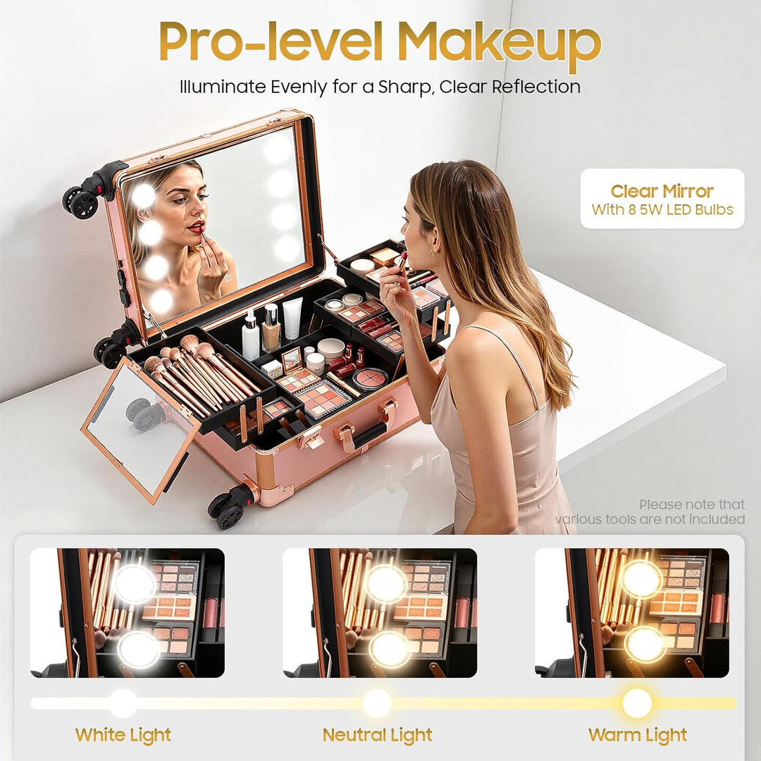Kosmetikkoffer Trolley Schminkkoffer mit Beleuchtung & Spiegel, Make up Koffer mit verstellbare Bein