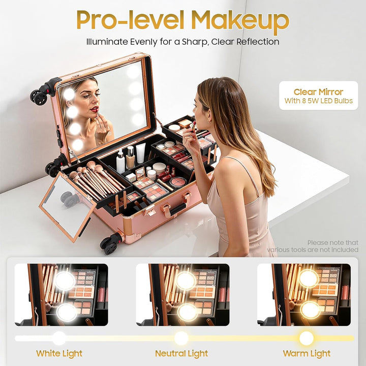 Kosmetikkoffer Trolley Schminkkoffer mit Beleuchtung & Spiegel, Make up Koffer mit verstellbare Bein