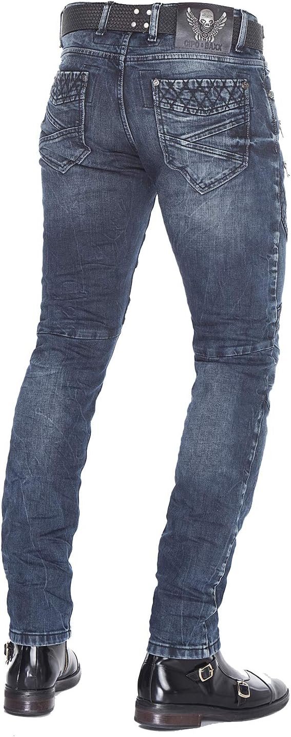 Cipo Baxx Herren Skinny Jeans Hose Biker Hose mit Zipper Slim Fit Denim Darkblue W30 L34
