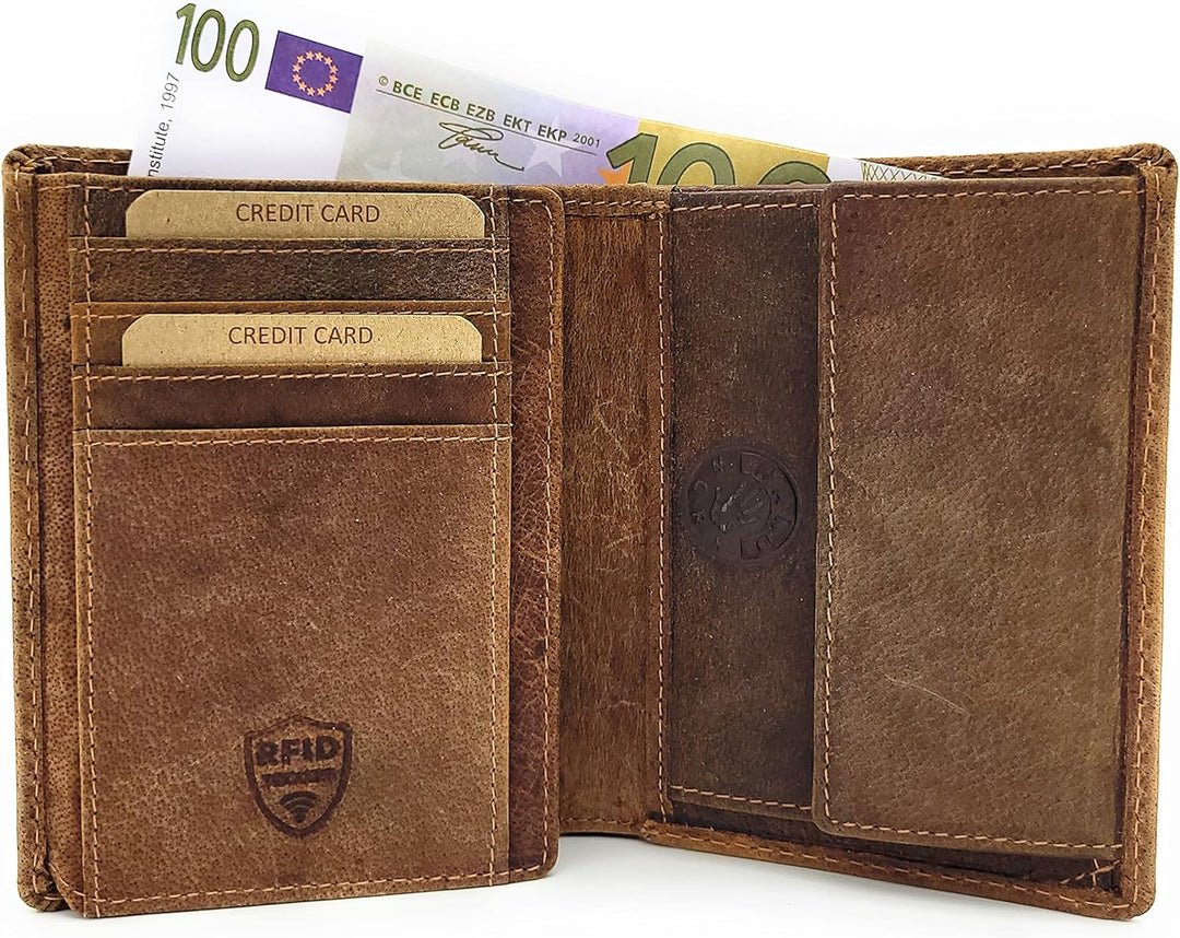 Jockey Club echt Leder Geldbörse Anglerbörse Portemonnaie mit RFID NFC Schutz Fisch Zander (braun),