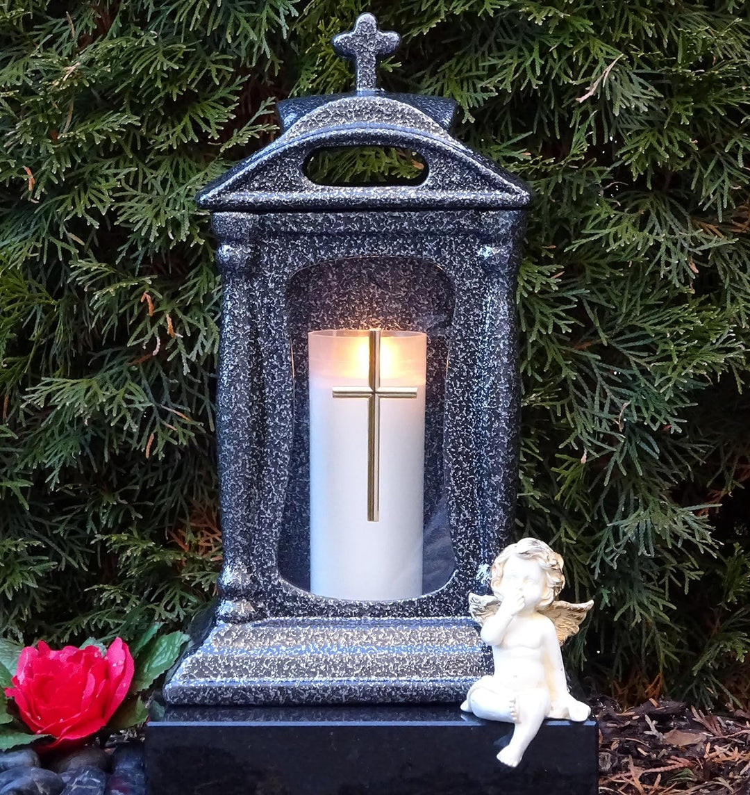 Grablampe Grablaterne Silber 30,0cm mit Kreuz incl. Kerze Grabschmuck Grablicht Grabkerze Grableucht