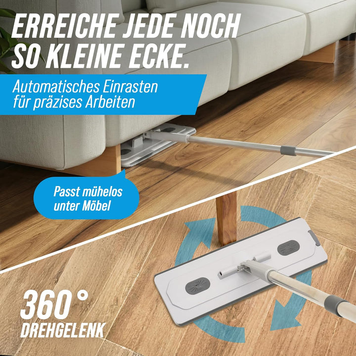 XL Wischmopp Set mit Eimer, 2-Kammer-System [Trennbarer Putzeimer], Flacher Bodenwischer, 133–166 cm