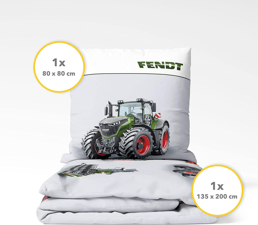 Träumschön Traktoren Bettwäsche 135x200 Jungen - Traktor &amp; Mähdrescher Design - Graue Bettwäsche aus