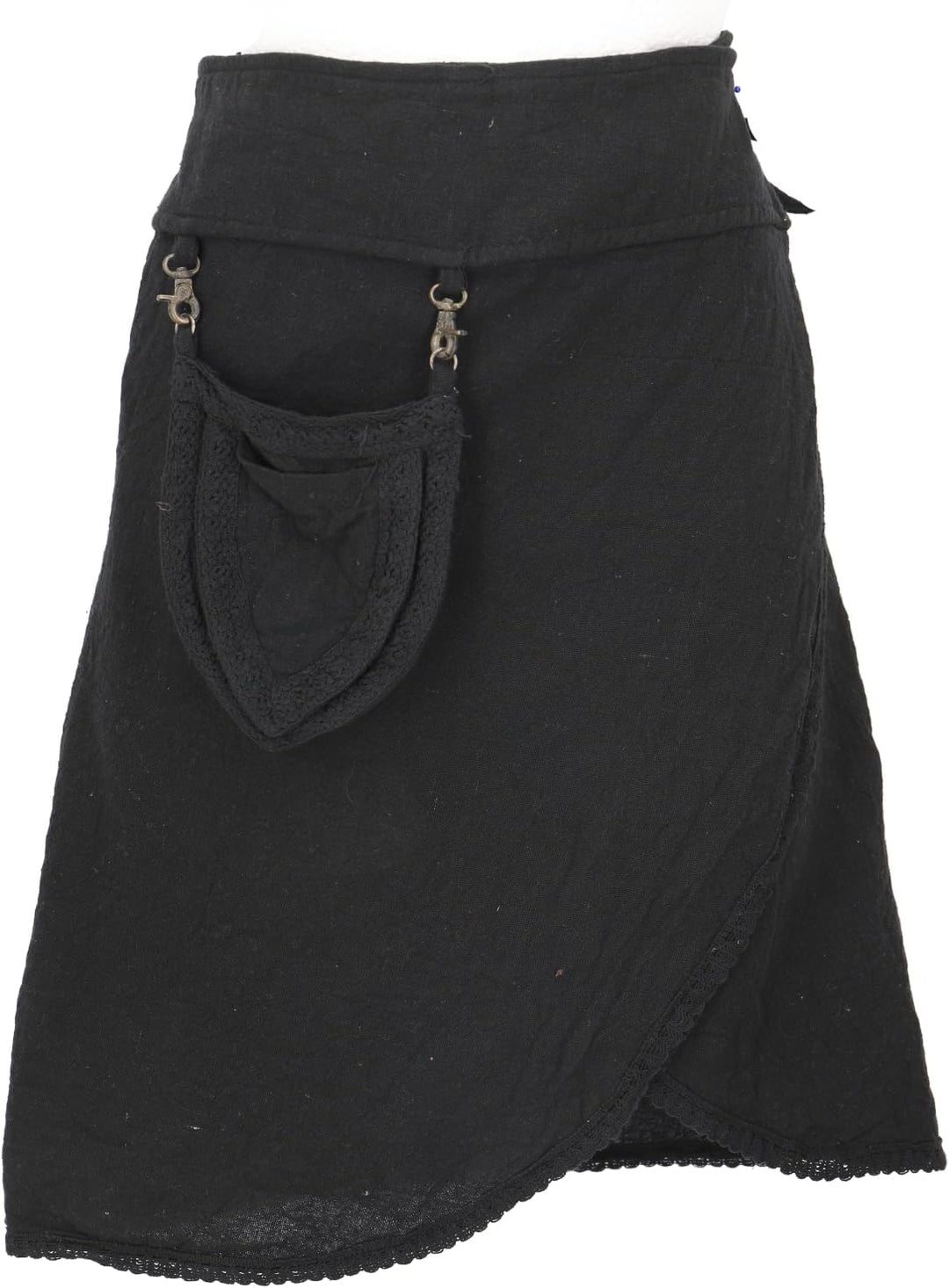 GURU SHOP Pixi Festival Boho Minirock, Natürlicher Ethno Wickelrock mit Tasche, Spitze, Damen Schwar