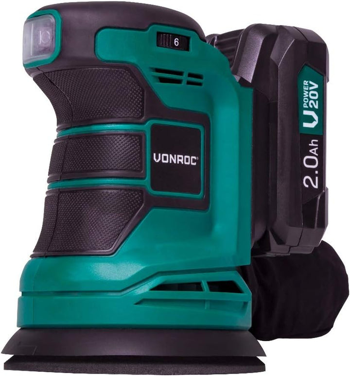 VONROC Exzenterschleifer Akku, Schleifmaschine - Handschleifer mit Staubbehälter 20V mit 2Ah Akku un
