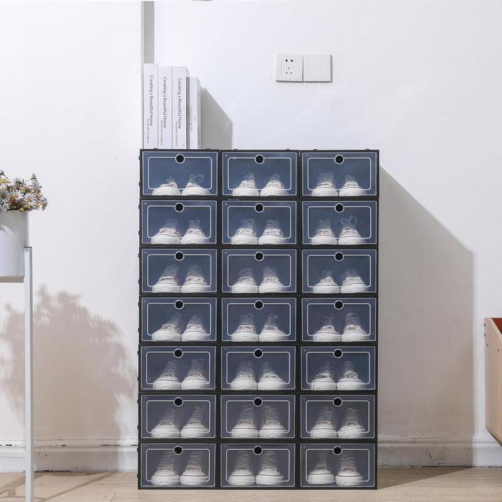 Schuhboxen, 24 Stück, stapelbar, mit transparentem Deckel, faltbar, für Damen/Herren (schwarz), Schw