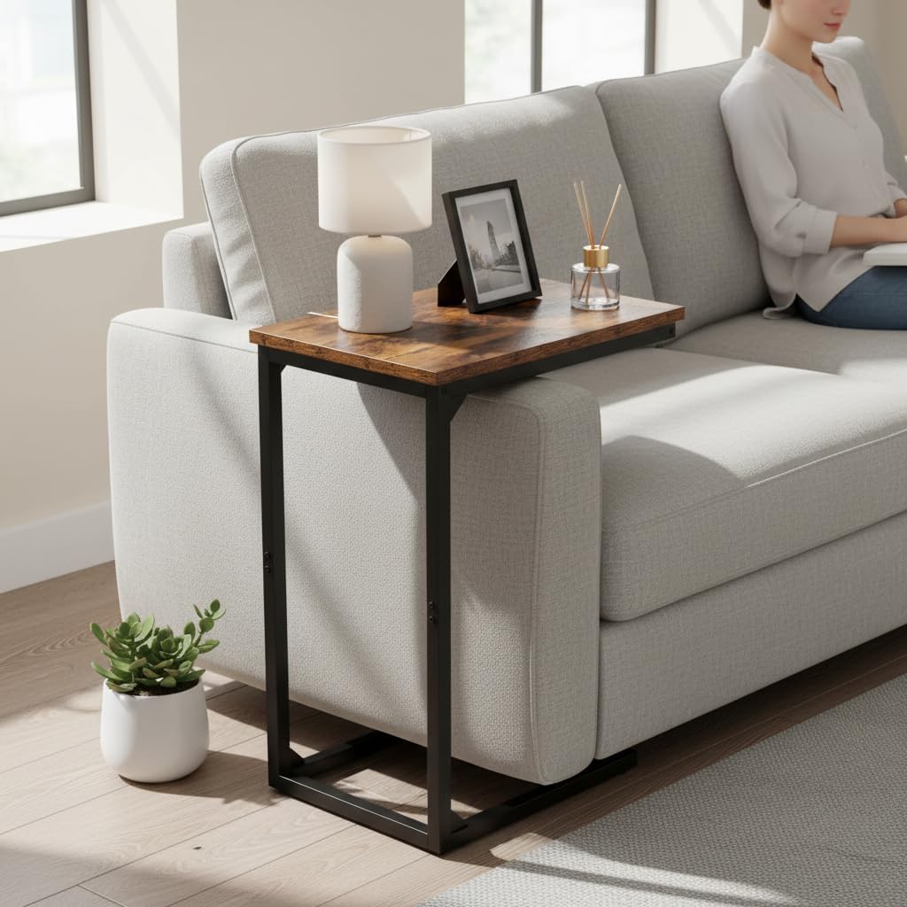 AMHANCIBLE Beistelltisch, C Form Sofa Tisch, Holz Kaffeetisch, Kleiner Couchtisch Höhenverstellbar,