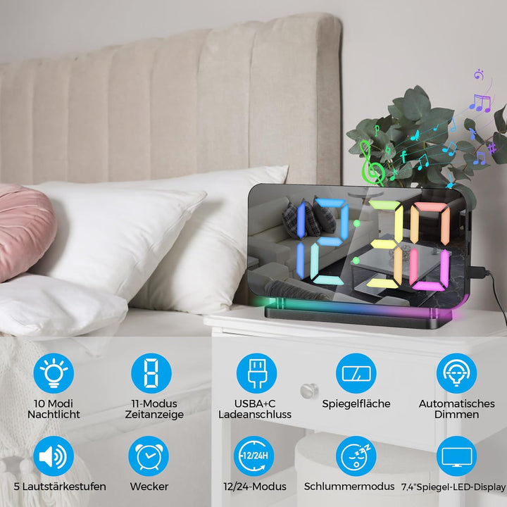 SZELAM Wecker Digital, Nachttisch,7,4" Spiegeluhr mit 10 Modi RGB-Nachtlicht,11 Farben LED Digitalan