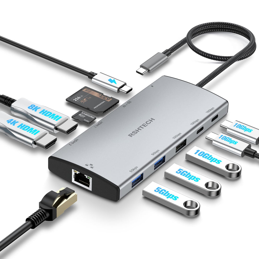 RSHTECH 11 in 1 MacBook Laptop Dockingstation mit 2 HDMI (8K und 4K), USB 3.2 und 3.0, 100W PD, SD/T