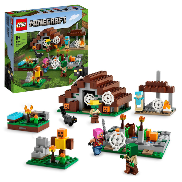LEGO 21190 Minecraft Das verlassene Dorf, Spielzeug mit Zombiejäger Lager, Werkstatt, Farm und Haus