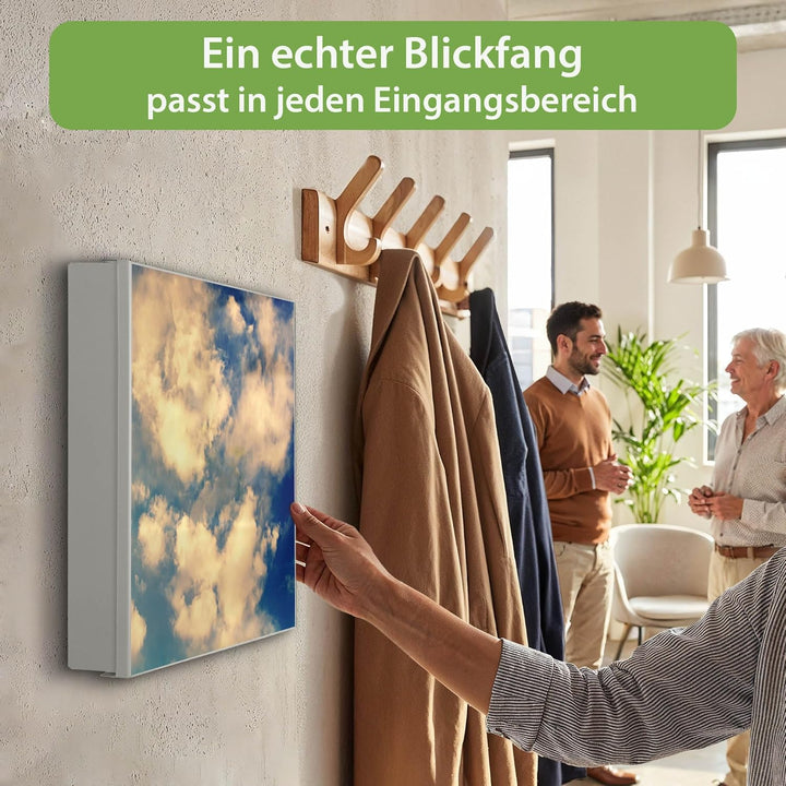 banjado® Grosser Schlüsselkasten Glas/Schlüsselbox 30cm x 30cm mit 50 Haken - Motiv Wolken 3 / Schlü