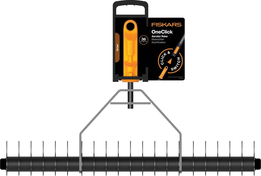 Fiskars OneClick Rasenlüfter, Rechen-Aufsatz zum Entfernen von Moos und Rasenfilz, Müheloses Wechsel