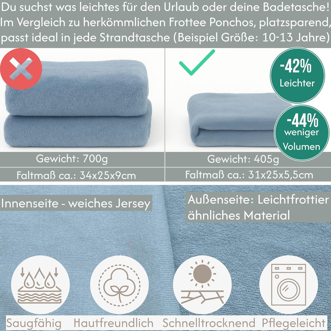 Leicht Frottee Badeponcho Kinder - Mädchen Jungen Baumwolle Poncho Handtuch Bademantel Badetuch Surf