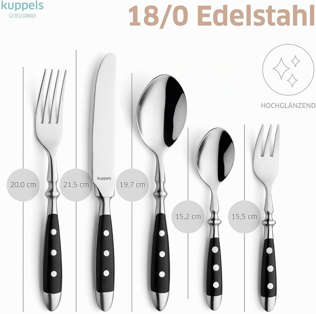 Kuppels COUNTRY Besteck Set 6 Personen 30-teilig, schwarzes Edelstahlbesteck mit 3-fach genieteten K