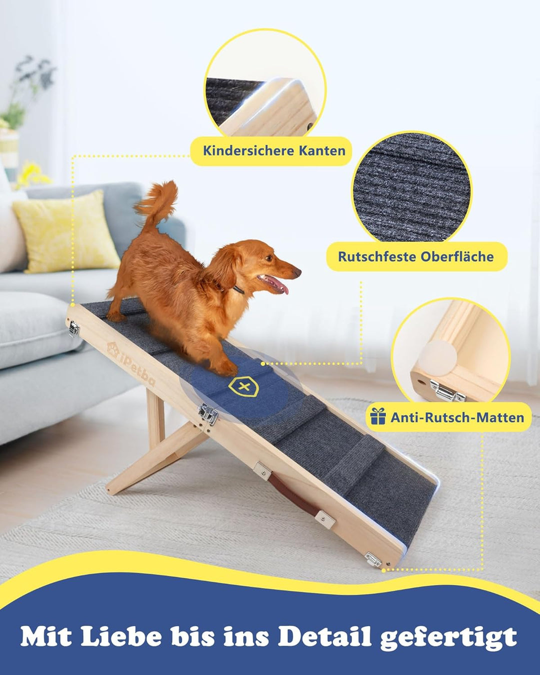 Hunderampe für Bett & Sofa – Gelenkschonend, Anti-Rutsch, Klappbar, Verstellbar, Tragbar, Für Hunde