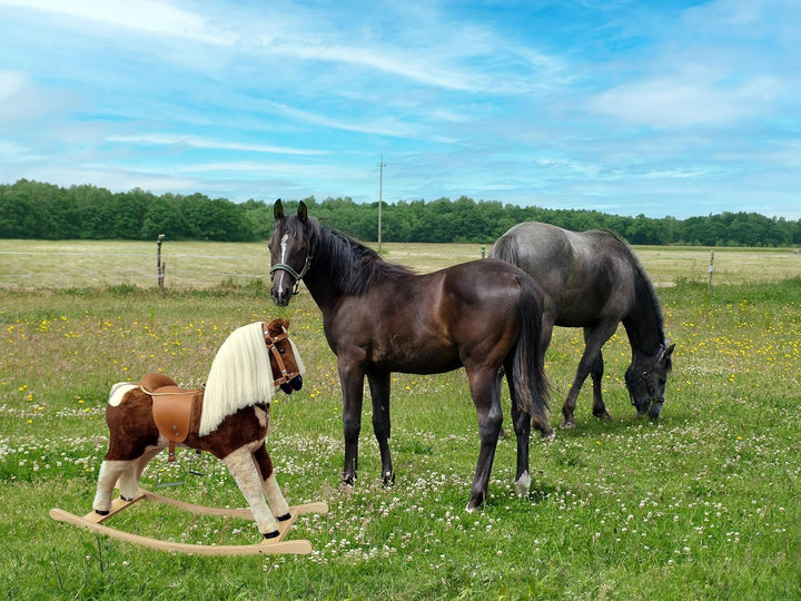 Schaukelpferd braun gescheckt Plüschpferd mit Langer Mähne Creme hell 96-118