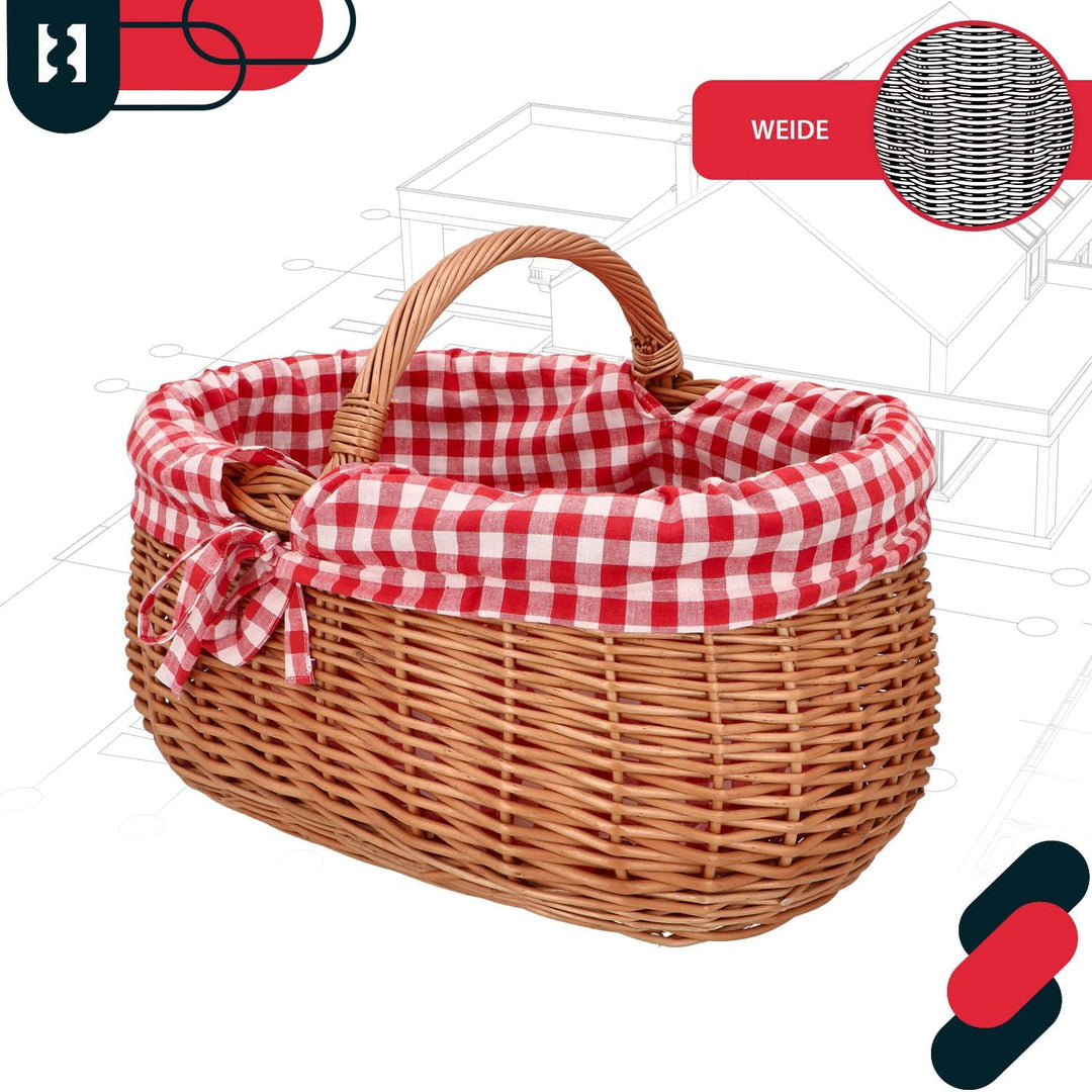 KOTARBAU® Picknickkorb Weidenkorb 46 cm Naturfarbe Einkaufskorbmit rot kariertem Stoffeinsatz Osterk
