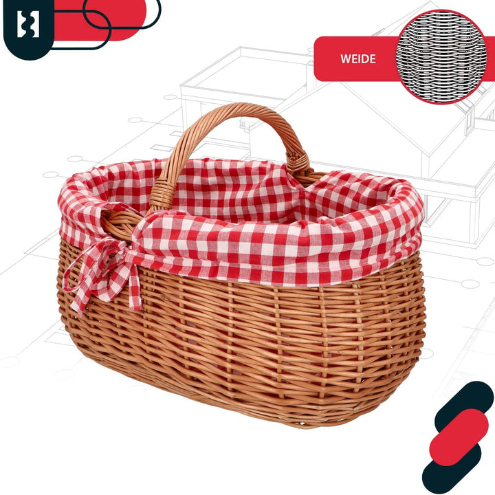 KOTARBAU® Picknickkorb Weidenkorb 46 cm Naturfarbe Einkaufskorbmit rot kariertem Stoffeinsatz Osterk