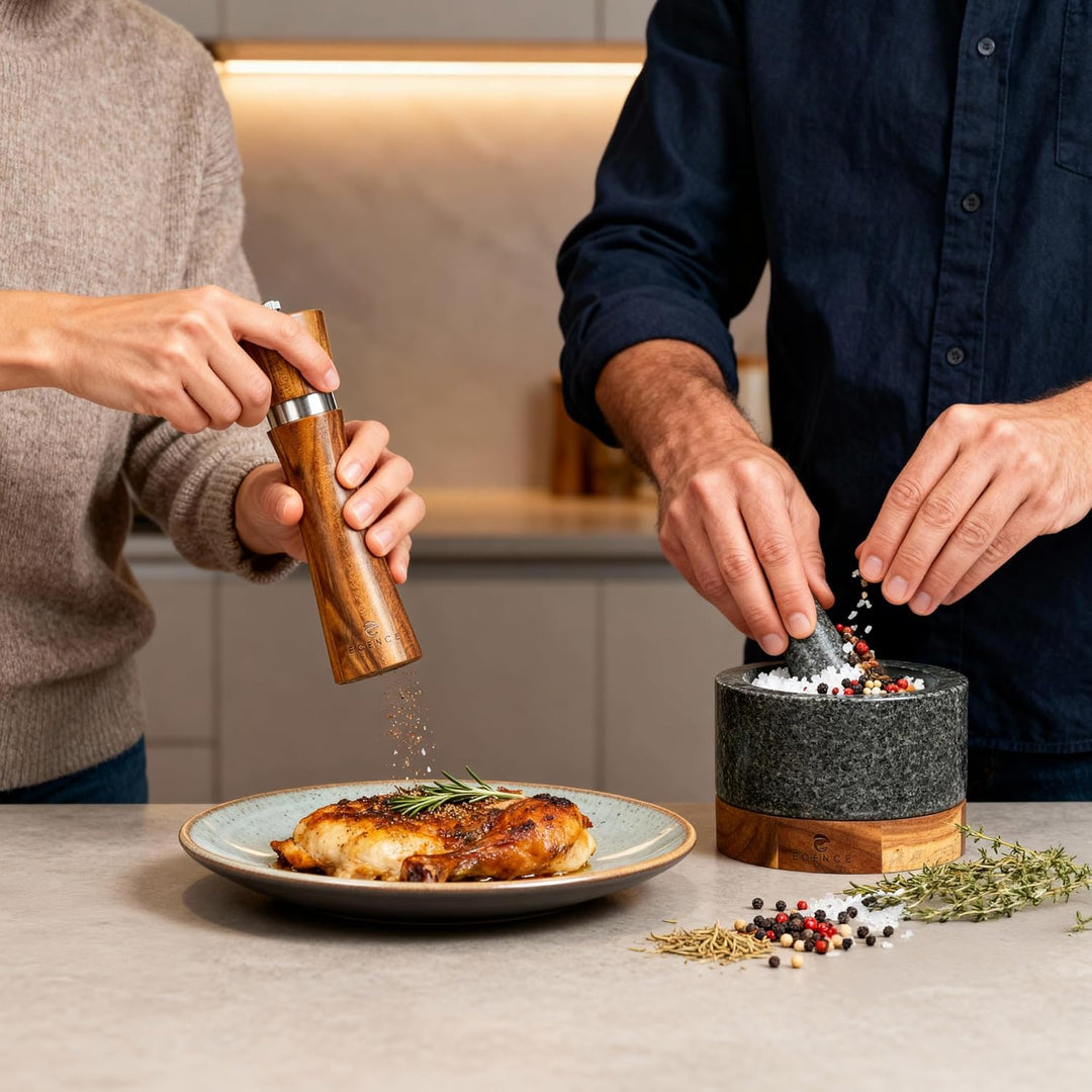 ECENCE Salz und Pfeffermühle Holz 2er Set Pfeffer und Salzmühle aus Akazienholz, Gewürzmühle mit Ker