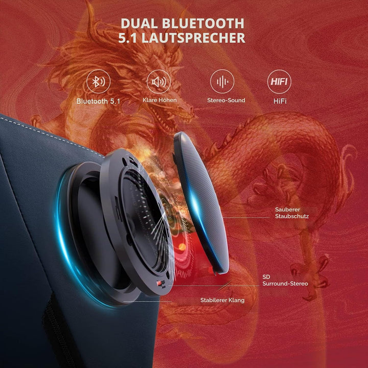 GTPLAYER Gaming Stuhl Gamer Stuhl mit Bluetooth-Lautsprechern und Fussstütze, Dragon Series Bürostuh