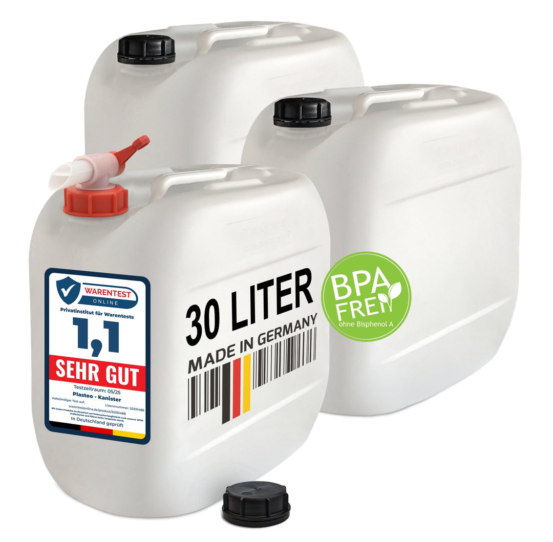 plasteo® 3er Set: 30 Liter Getränke u.Trinkwasserkanister Wassertank Behälter Natur mit 1 Hahn und 3