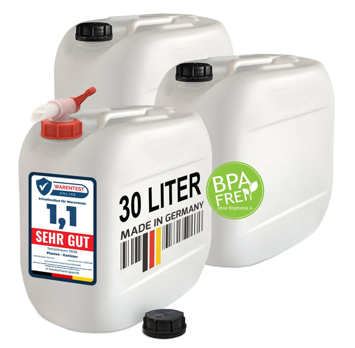 plasteo® 3er Set: 30 Liter Getränke u.Trinkwasserkanister Wassertank Behälter Natur mit 1 Hahn und 3