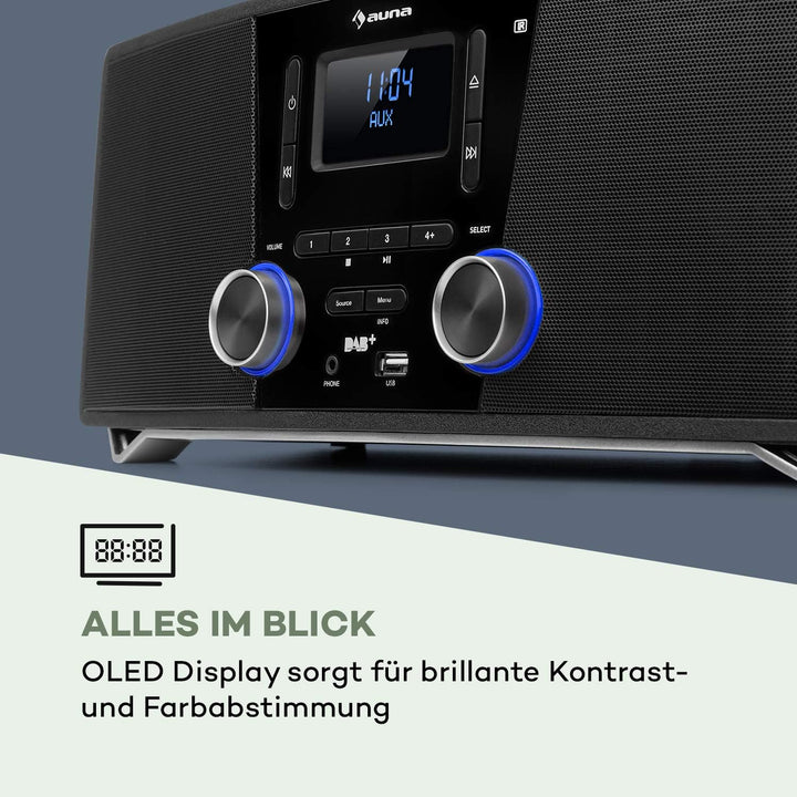 auna Stockton Micro Stereosystem - 20W max. (2X 5W RMS), DAB+, UKW-Radiotuner, RDS-Funktion, CD-Play