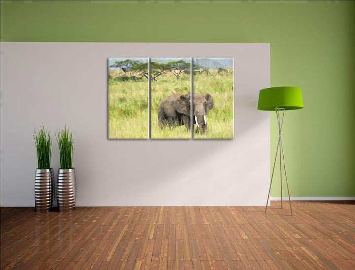 gigantischer Elefant in der Savanne NewArt 3-Teiler Leinwandbild 120x80 Bild auf Leinwand, XXL riesi
