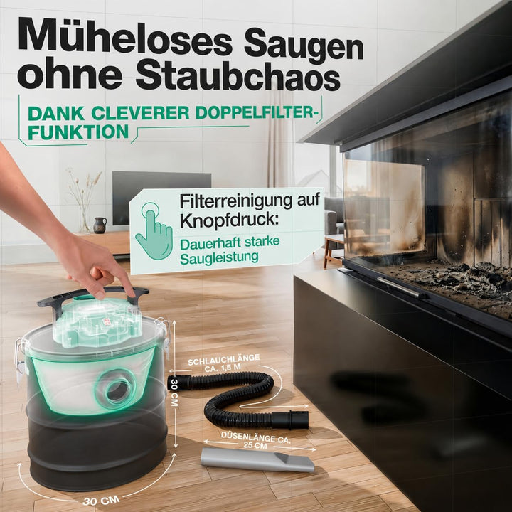 Aschesauger, 18L Tankvolumen, 1200 W Leistung, inkl. HEPA-Filter und Staubfilter, Aschesauger für Ka