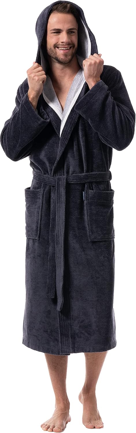 Morgenstern Bademantel Herren mit Kapuze Luxus Frottee Velours Lang L Grau, L Grau
