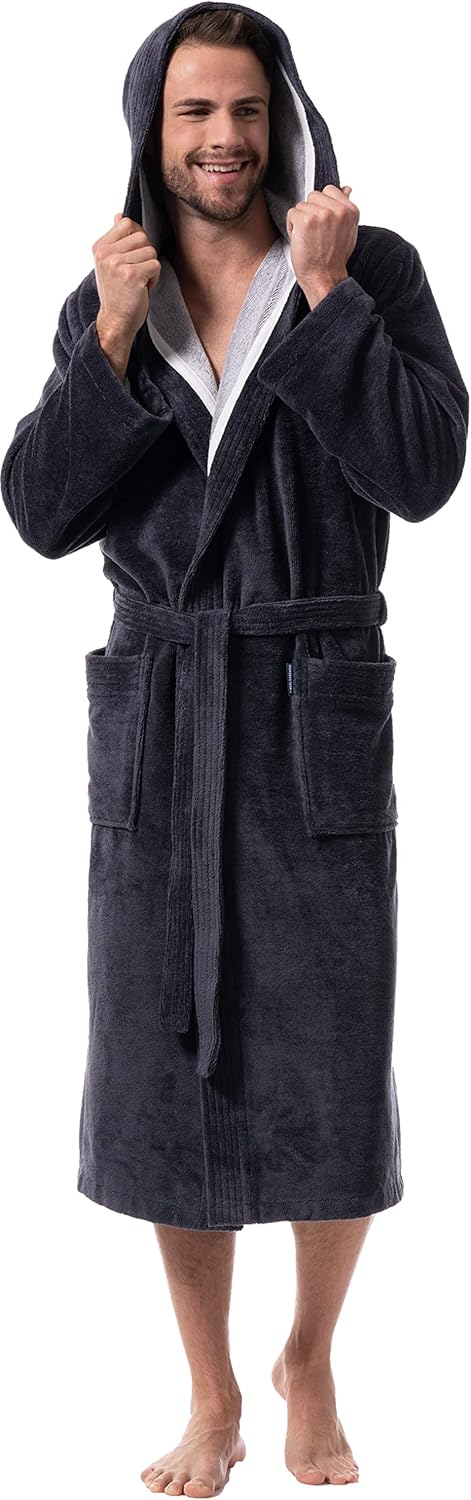 Morgenstern Bademantel Herren mit Kapuze Luxus Frottee Velours Lang XXL Grau, XXL Grau