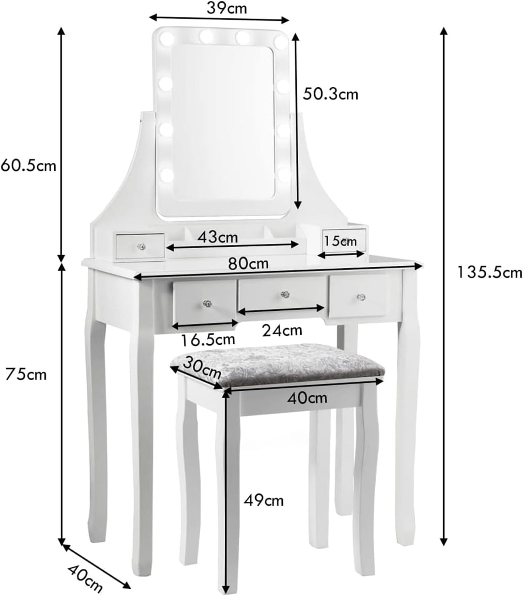 GOPLUS Schminktisch mit Spiegel und 10 LED-Birne, Kosmetiktisch mit 5 Schubladen und Organisator, Fr