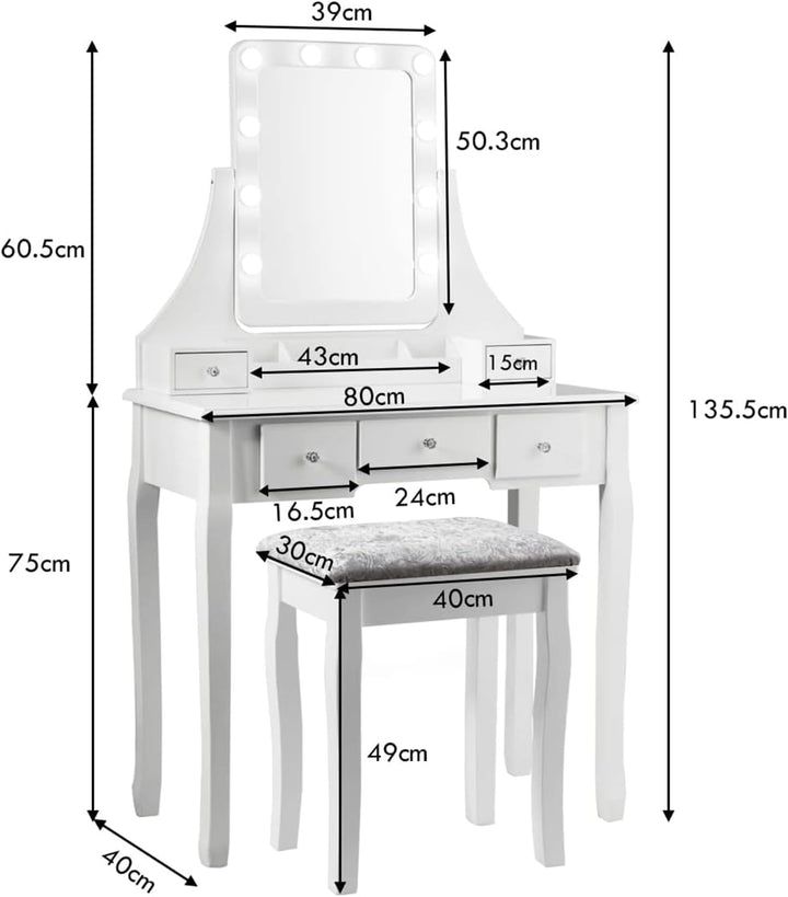 GOPLUS Schminktisch mit Spiegel und 10 LED-Birne, Kosmetiktisch mit 5 Schubladen und Organisator, Fr