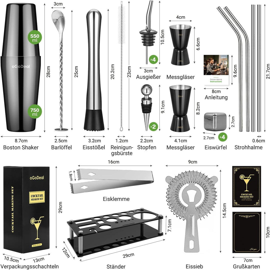 Cocktail Set, oGoDeal Boston Cocktail Shaker Schwarz mit Ständer, 23pcs Bar Equipment Barkeeper Set