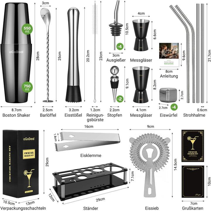 Cocktail Set, oGoDeal Boston Cocktail Shaker Schwarz mit Ständer, 23pcs Bar Equipment Barkeeper Set