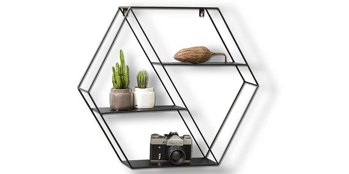 LIFA LIVING Hexagon Wandregal aus Metall mit 4 Böden, Schwarzes Schweberegal im Industrie Design, Se