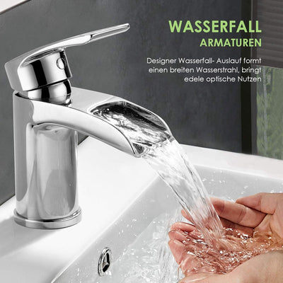 Design Wasserfall Wasserhahn Chrom Waschtischarmatur Einhebelmischer-Waschtischbatterie Bad Armatur