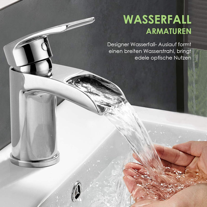 Design Wasserfall Wasserhahn Chrom Waschtischarmatur Einhebelmischer-Waschtischbatterie Bad Armatur