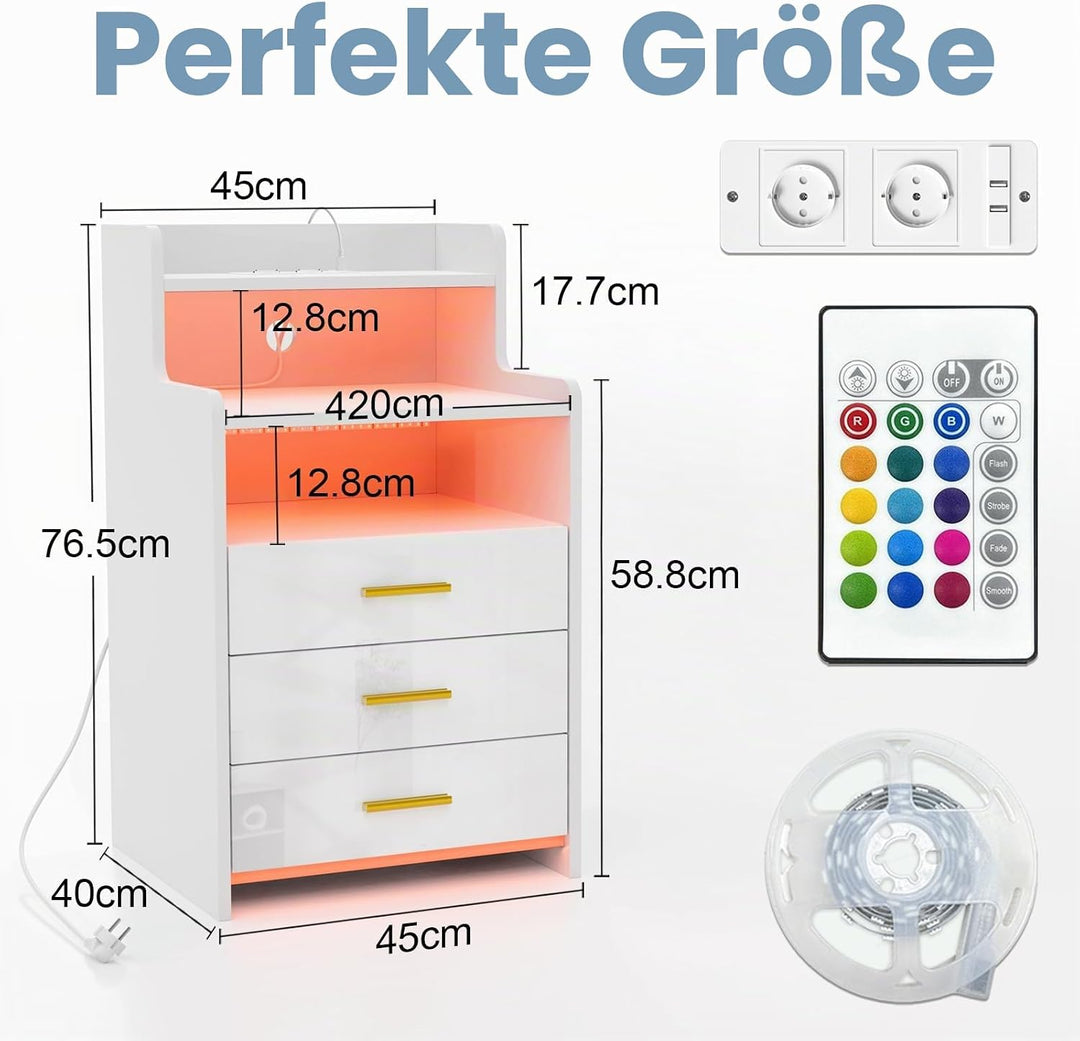 PIPIPOXER Nachttisch mit Steckdose und Ladefunktion,Nachtschrank mit 3 Schubladen und 16 Farben Bele