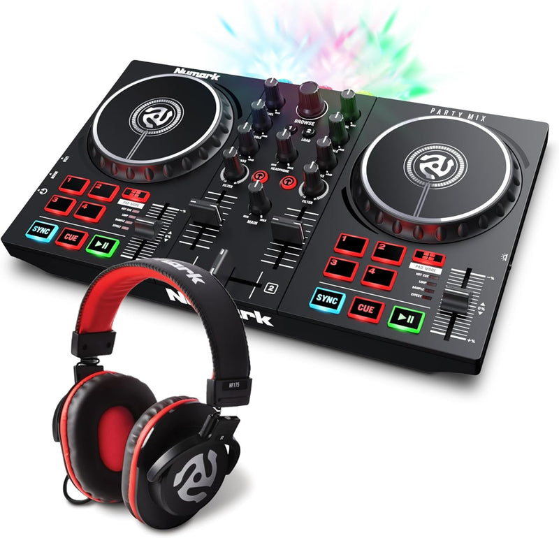 Numark Party Paket - Party Mix II DJ Controller Pult mit 2 Decks, eingebauten DJ-Lichtern & DJ-Mixer