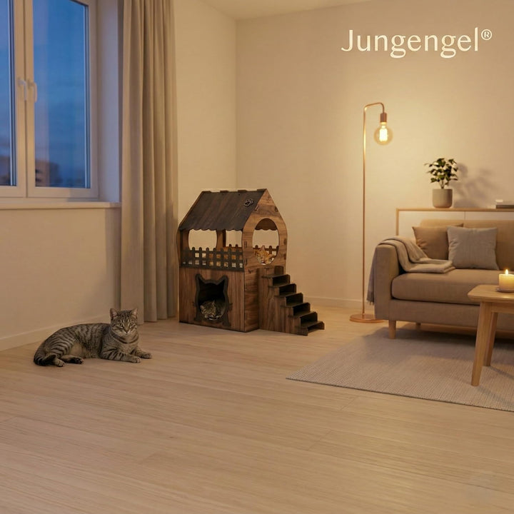 Zweistöckiges MDF Katzenhaus – Braun &amp; Dunkelbraun – Werkzeugloser Aufbau – Grössen XL, XXL, 3XL (Br