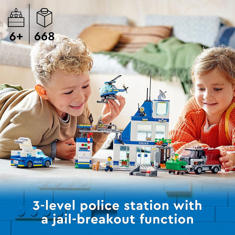 LEGO City Polizeistation mit Polizeiauto, Müllauto und Hubschrauber & City Mobiles Polizeihunde-Trai